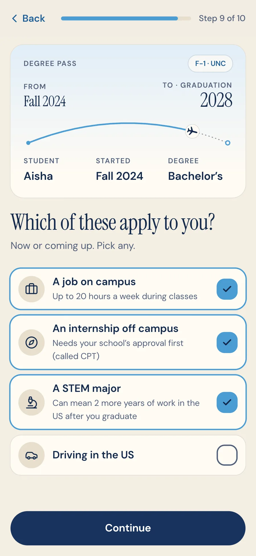 Aisha's onboarding as a current student: a degree pass from Fall 2024 to graduation in 2028, and Which of these apply to you? with a campus job, an off-campus internship and a STEM major ticked