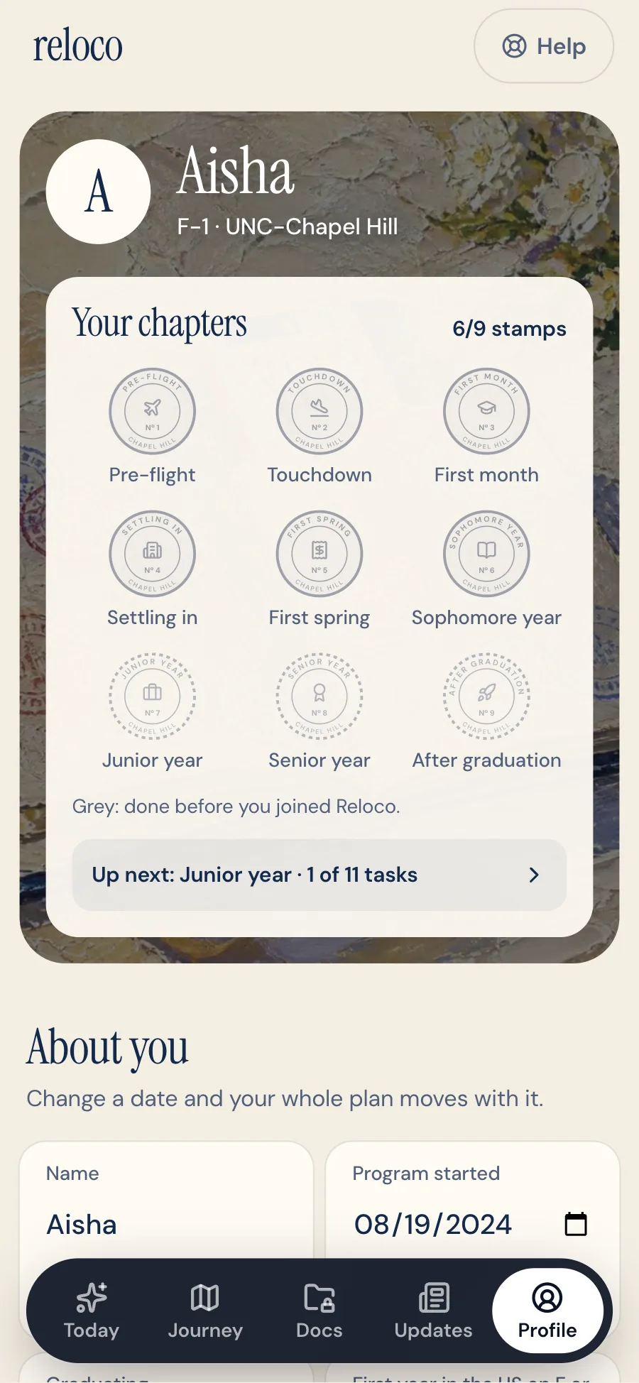Aisha's profile: Your chapters, six of nine stamps, grey for the chapters done before she joined Reloco, and Up next: Junior year, 1 of 11 tasks