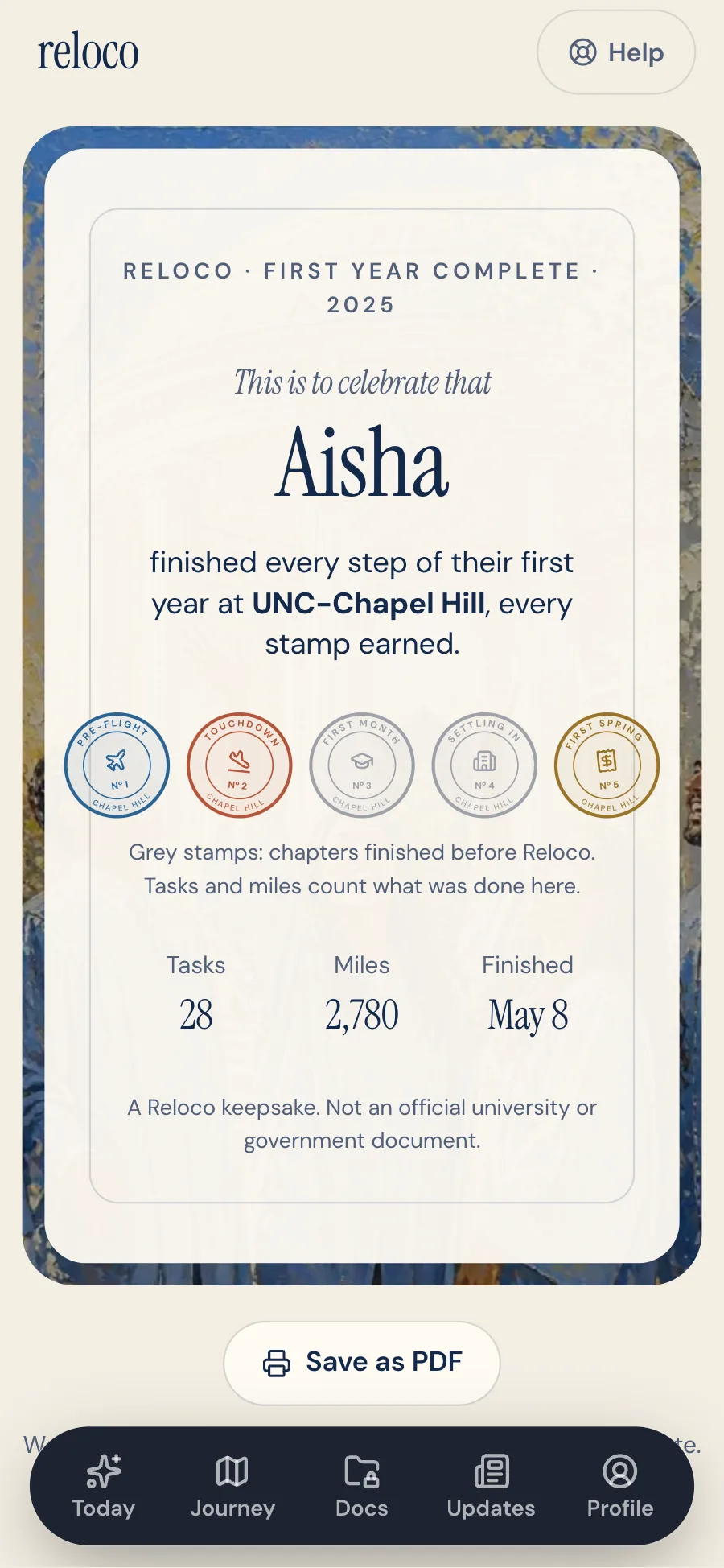 Aisha's first-year certificate for 2025: five chapter stamps, two grey for chapters finished before Reloco, 28 tasks, 2,780 miles, finished May 8