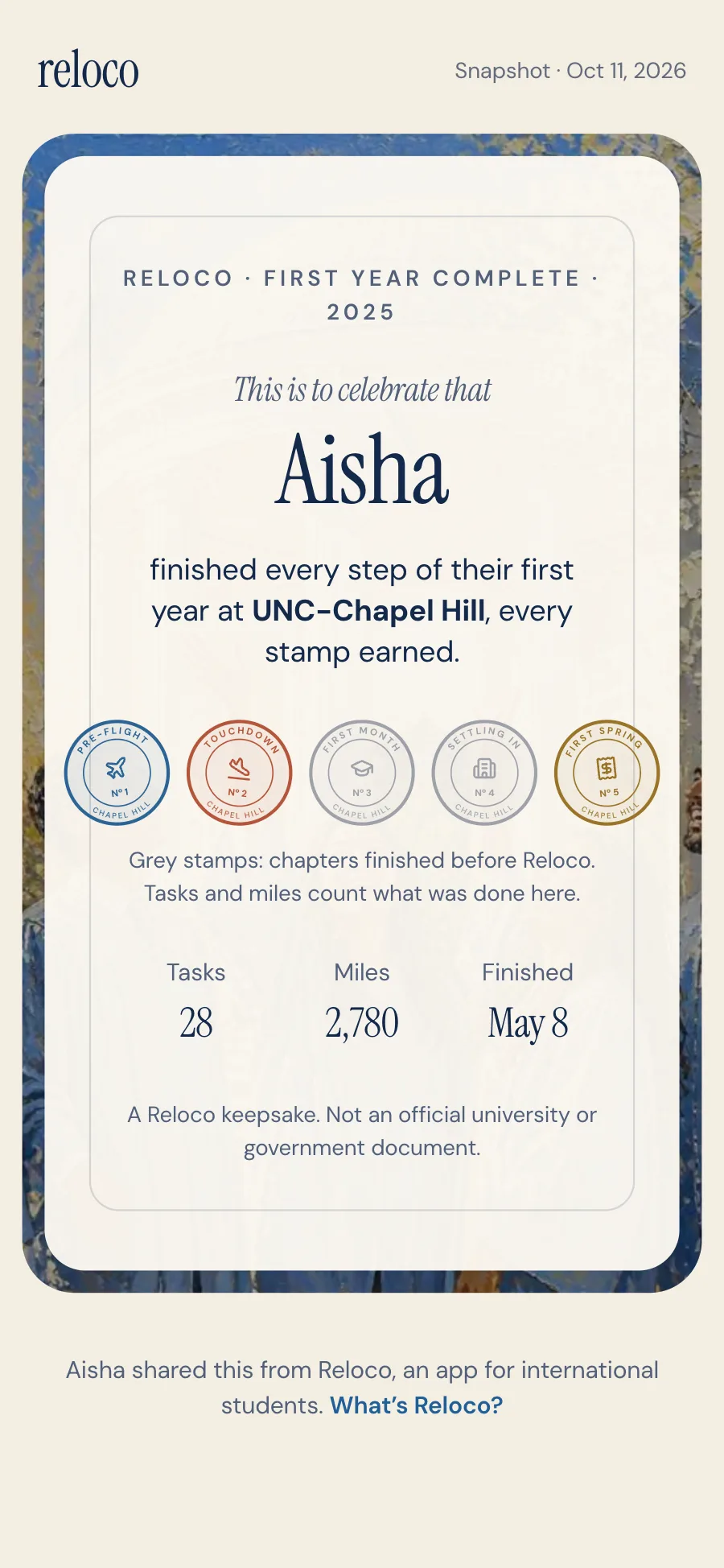 Read-only share page, a snapshot from Oct 11, 2026, showing Aisha's first-year certificate and stamps