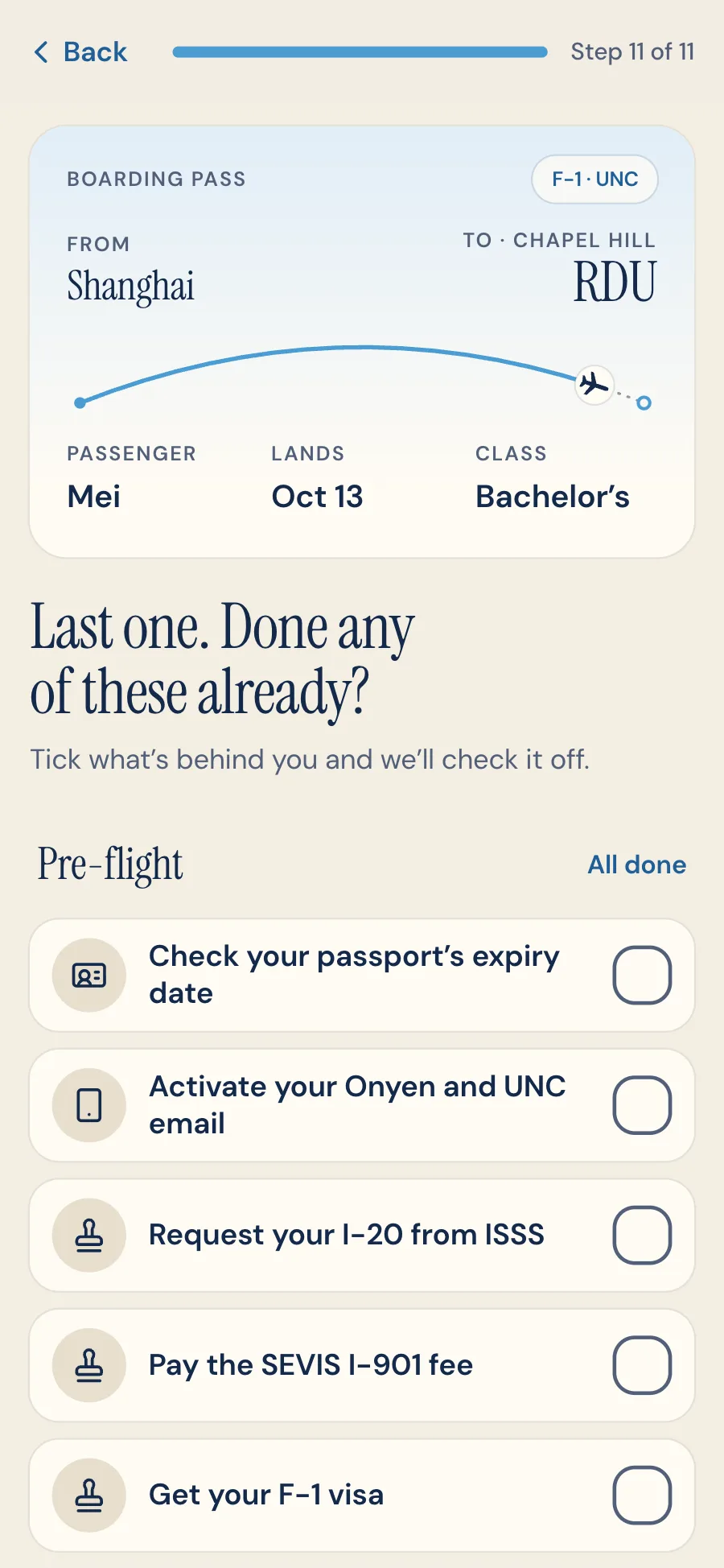 Mei's last onboarding question: Done any of these already? Pre-flight tasks such as checking her passport, activating her Onyen and paying the SEVIS fee, each with a tick box