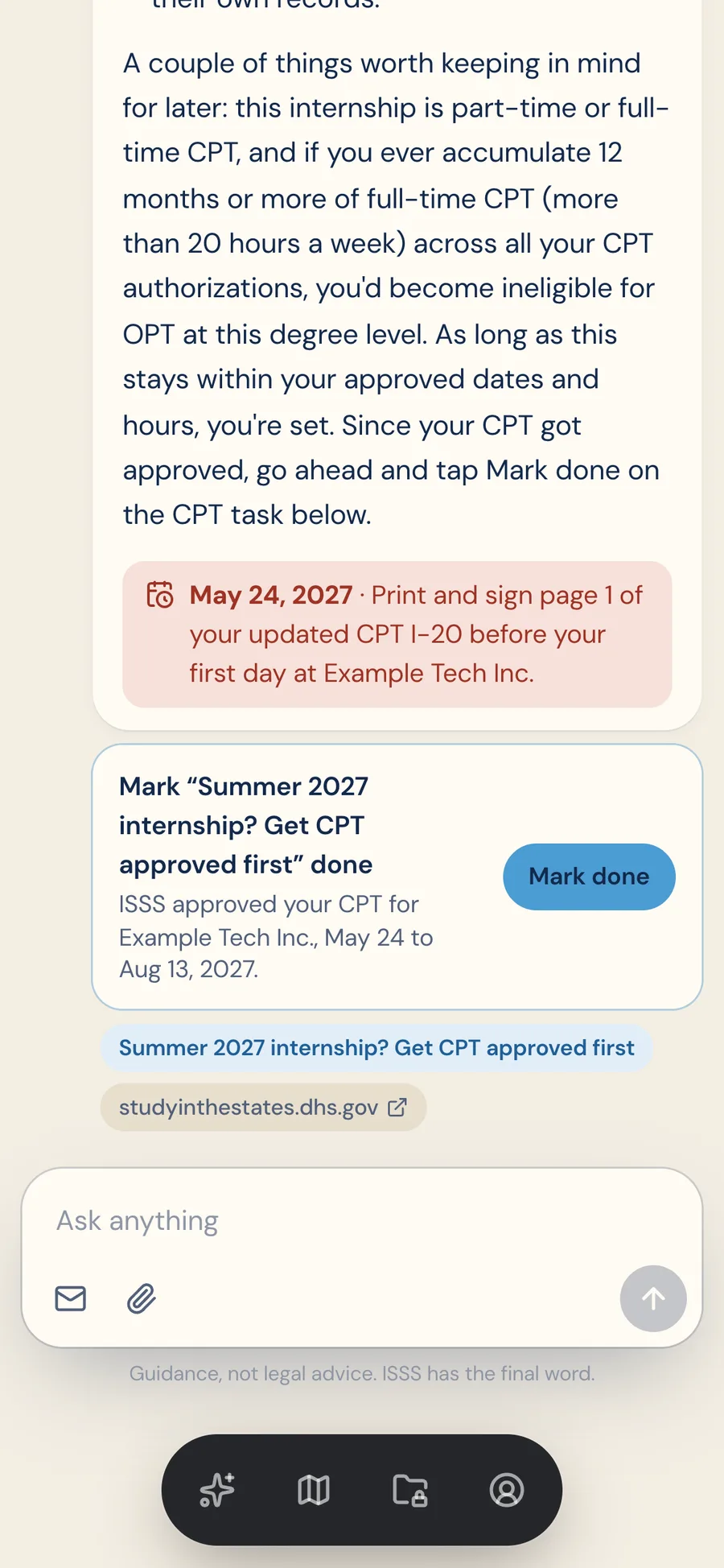 Ask Reloco explaining a pasted CPT approval email, with the print-and-sign deadline highlighted and a Mark done suggestion for the CPT task