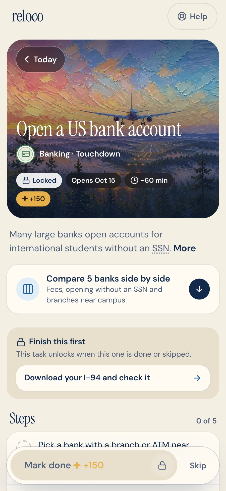 Mei's task Open a US bank account, marked Locked and opening Oct 15, with Compare 5 banks side by side and a Finish this first card linking to Download your I-94 and check it