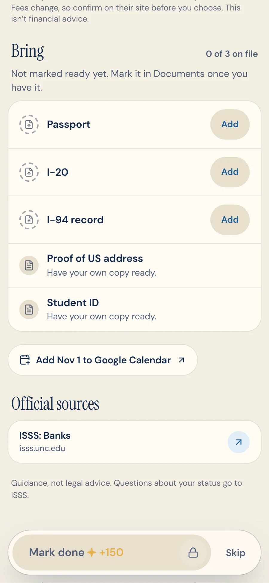 Open a US bank account further down: Bring, with the passport, I-20 and I-94 not on file yet and an Add button for each, then proof of address, a student ID, Add Nov 1 to Google Calendar, the ISSS source and a locked Mark done button
