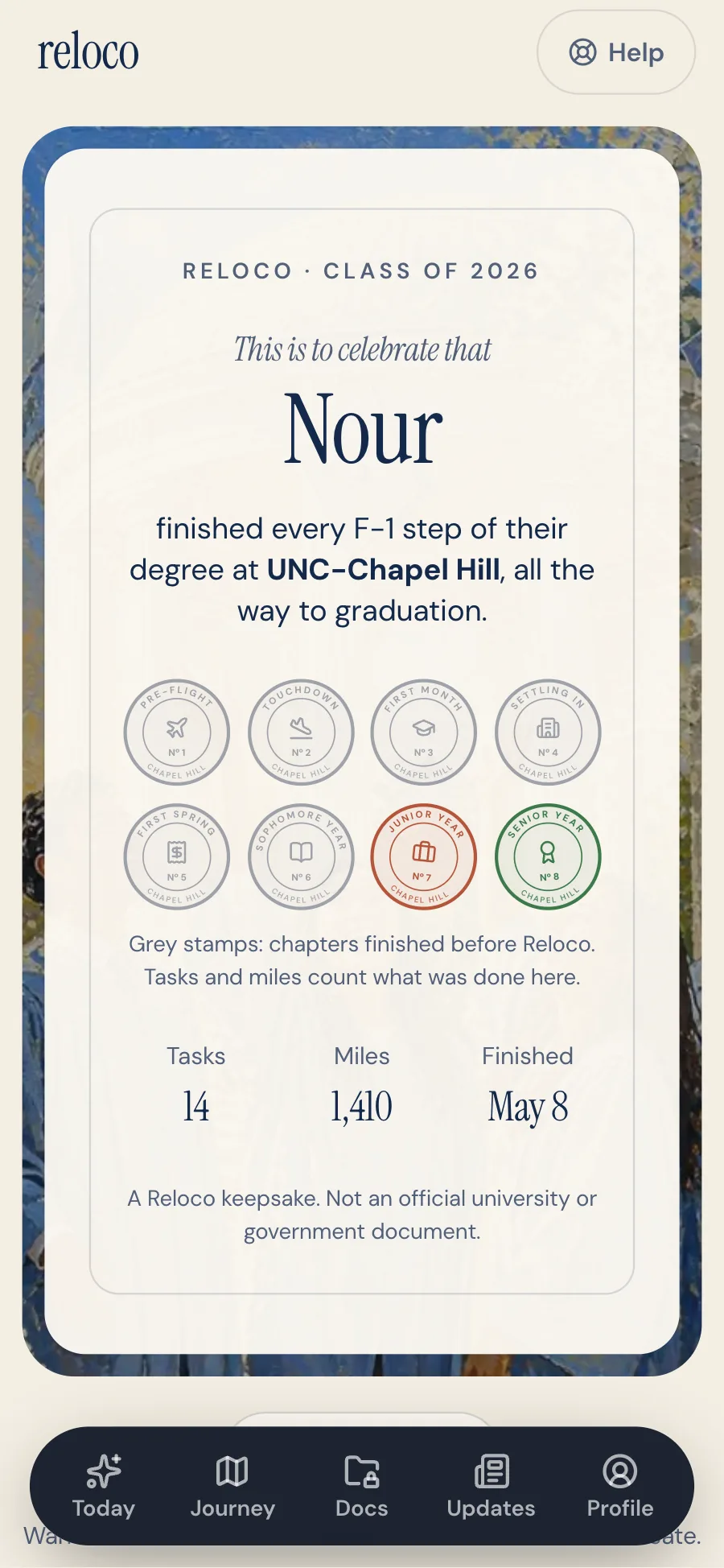 Nour's graduation certificate for the class of 2026: eight chapter stamps, six grey for chapters finished before Reloco, 14 tasks, 1,410 miles, finished May 8