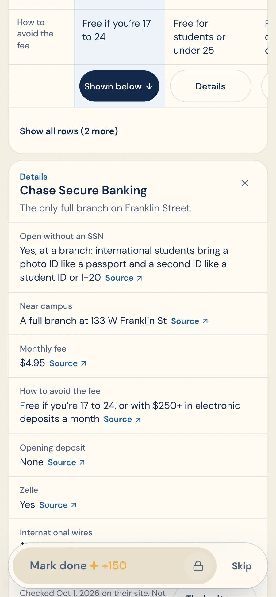 Chase Secure Banking's details below the table: each fact with a Source link to Chase's own page
