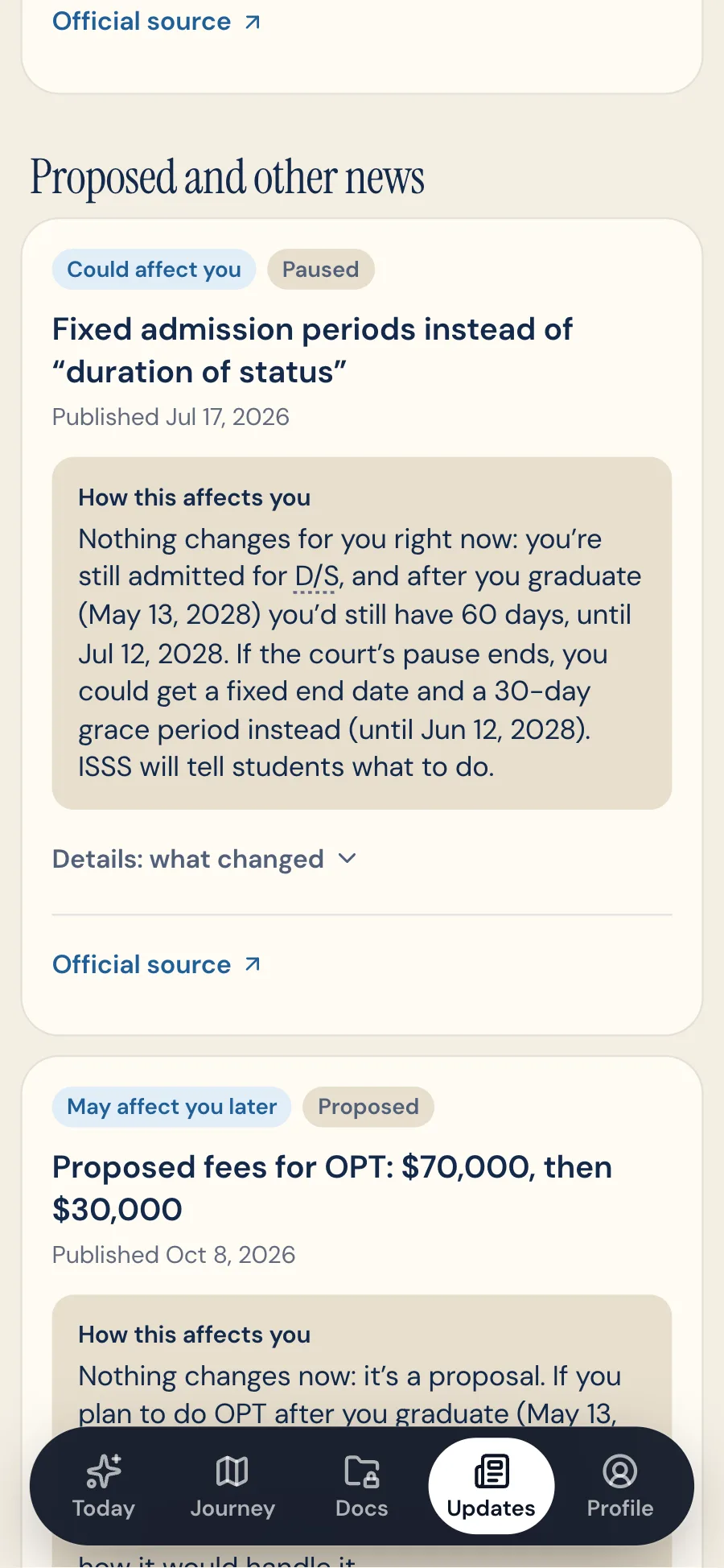 Updates, Proposed and other news: the paused end of duration of status, marked Could affect you, with How this affects you using Aisha's May 13, 2028 graduation date and its Details folded, then the proposed OPT fees