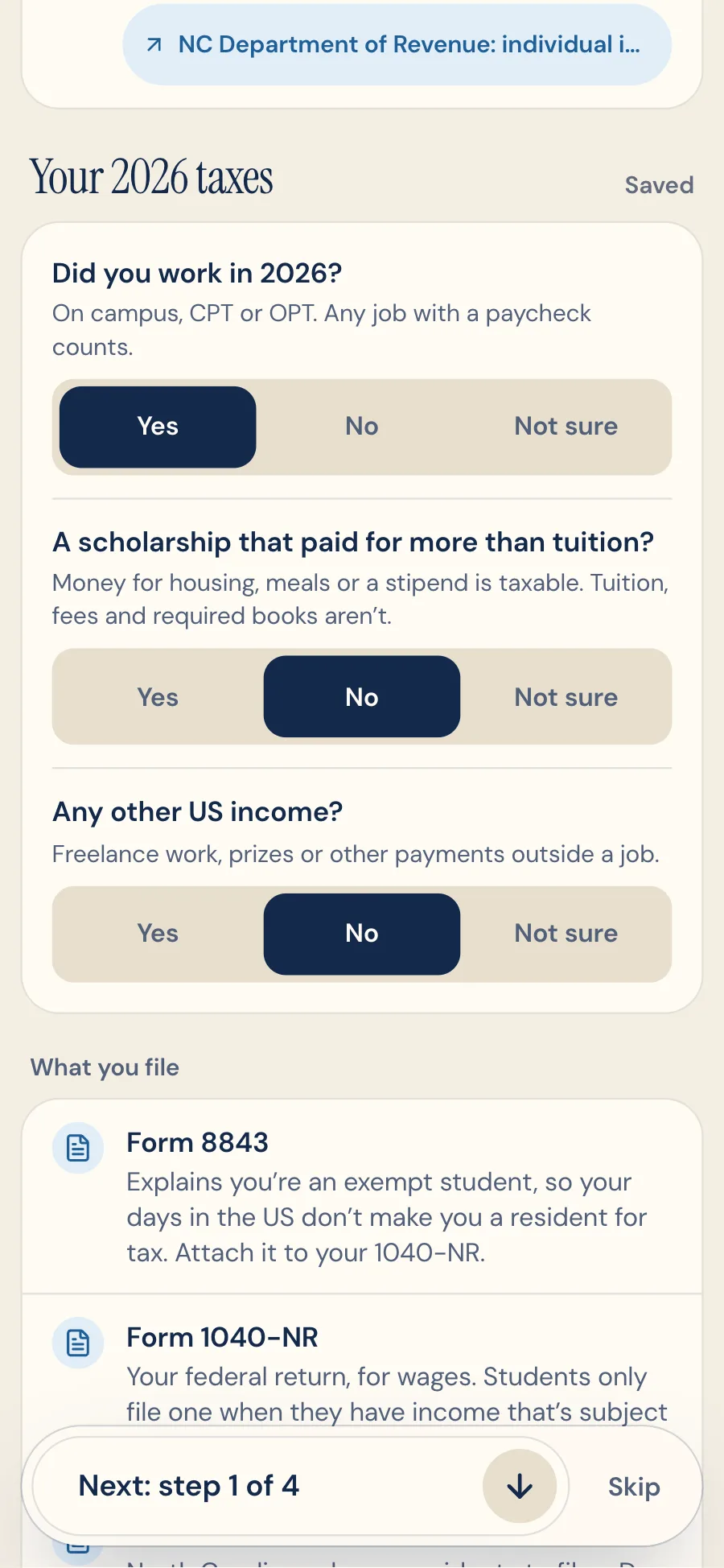 Aisha's 2026 taxes: she worked, her scholarship didn't pay more than tuition, no other US income, so she files Form 8843 and a 1040-NR