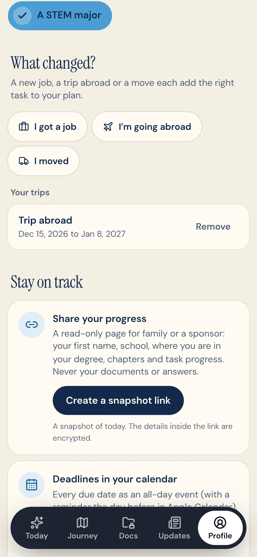 Profile, What changed?: I got a job, I'm going abroad and I moved, with Mei's saved trip abroad from Dec 15, 2026 to Jan 8, 2027 below