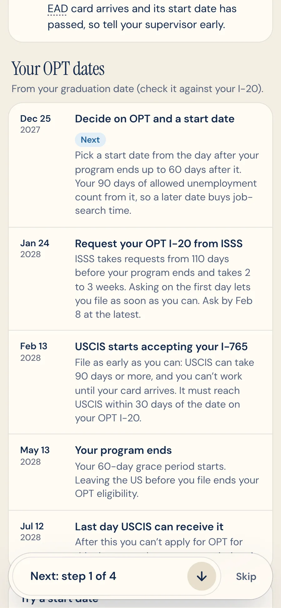 Your OPT dates for a May 2028 graduate: decide by Dec 25, 2027, request the OPT I-20 on Jan 24, USCIS opens on Feb 13, the program ends May 13 and the last day is Jul 12