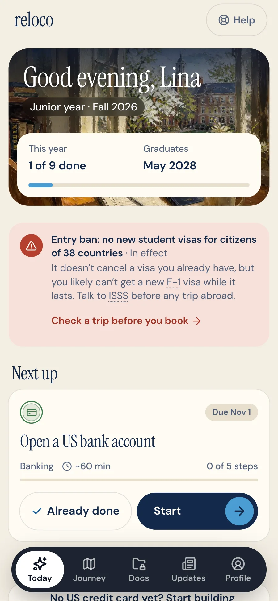 Lina's Today as a junior from Nigeria: 1 of 9 done this year, graduating May 2028, the entry-ban warning with Check a trip before you book, then her next task with Already done and Start