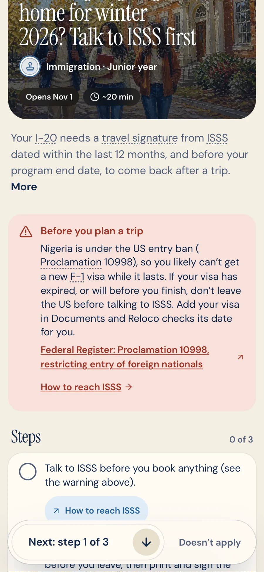 Task: Thinking of going home for winter 2026? Talk to ISSS first. A red Before you plan a trip warning says Nigeria is under the US entry ban, with the Federal Register source and How to reach ISSS, and step 1 is talking to ISSS