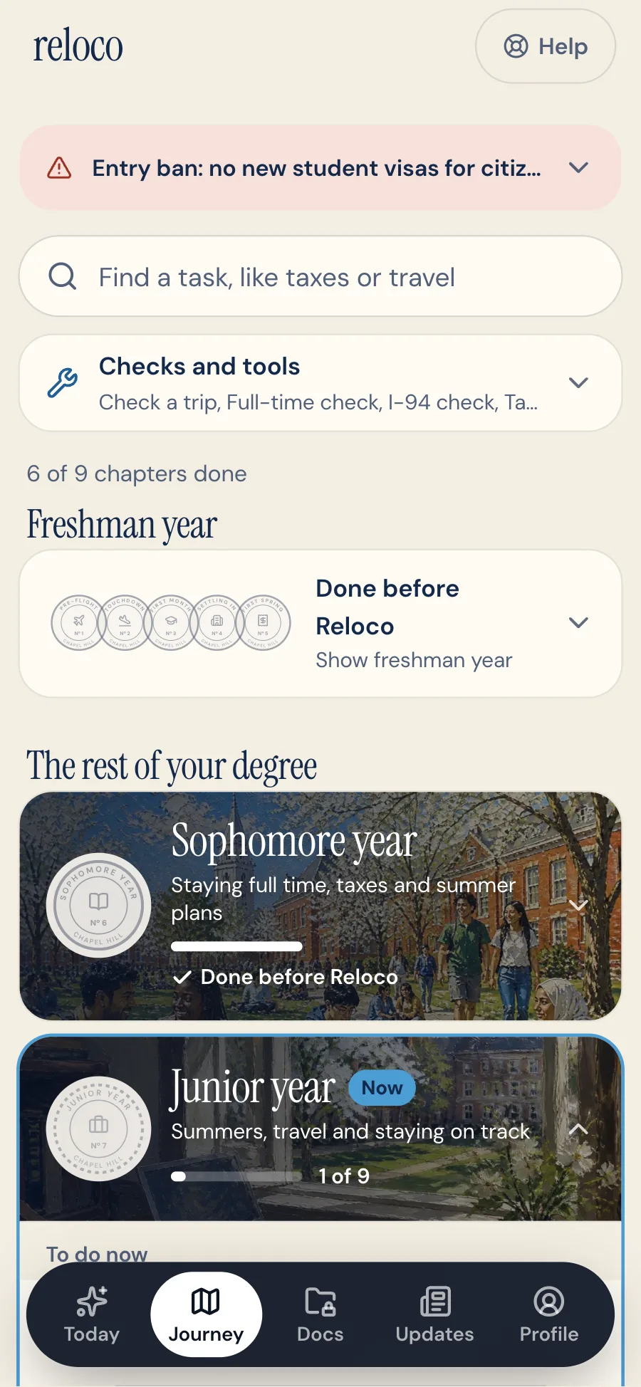 Journey: a task search, Checks and tools (trip, full-time and I-94 checks), 6 of 9 chapters done, freshman year folded as Done before Reloco, then Sophomore and Junior year