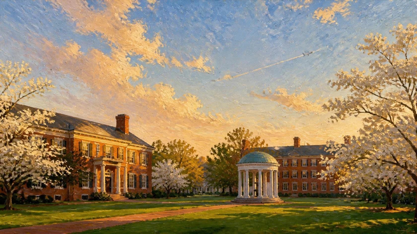 Oil painting of UNC's Old Well and campus at golden hour, with a plane crossing the sky